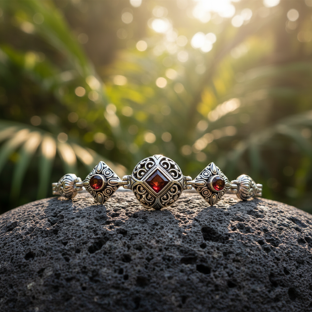 Bracciale Pati Balinesia su pietra lavica vulcanica con sfondo tropicale – argento 925 ossidato con filigrana arabeschi e granati rossi naturali, artigianato di Celuk, Bali
