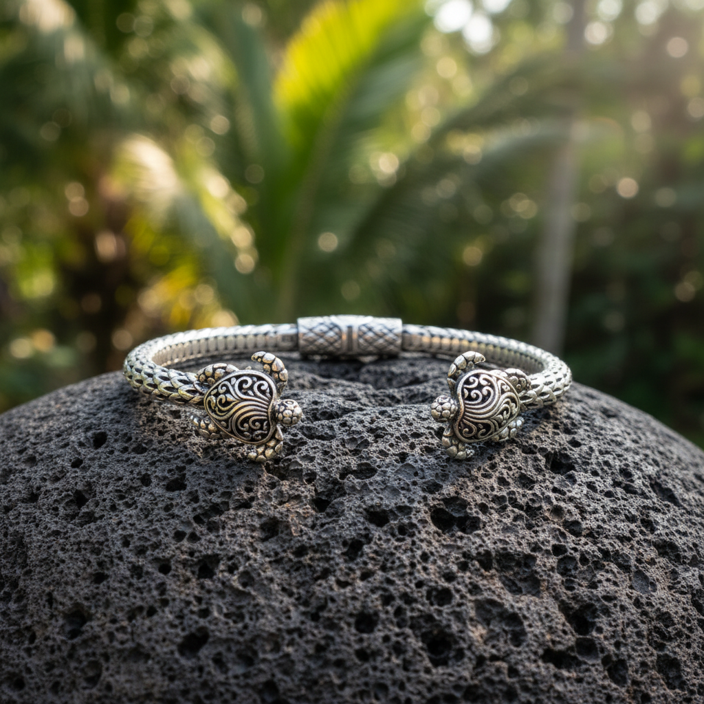 Bracciale Penyu Balinesia su roccia vulcanica nera con sfondo giardino tropicale, bangle in argento 925 ossidato con tartarughe scolpite alle estremità e corpo a scaglie intrecciate