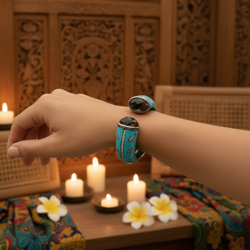 lifestyle, polso con interno balinese Bracciale Langit Malam Balinesia indossato al polso con sfondo interno balinese intagliato, candele e fiori di frangipane, bangle in argento ruteniato con smalto turchese e quarzo fumè marquise, Collezione Notte Tropicale