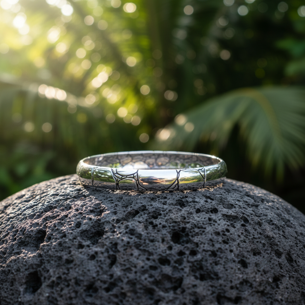Bracciale Kulit Buaya posato su roccia lavica nera con sfondo di giungla tropicale balinese — incisioni a scaglie di coccodrillo in luce solare dorata, Balinesia