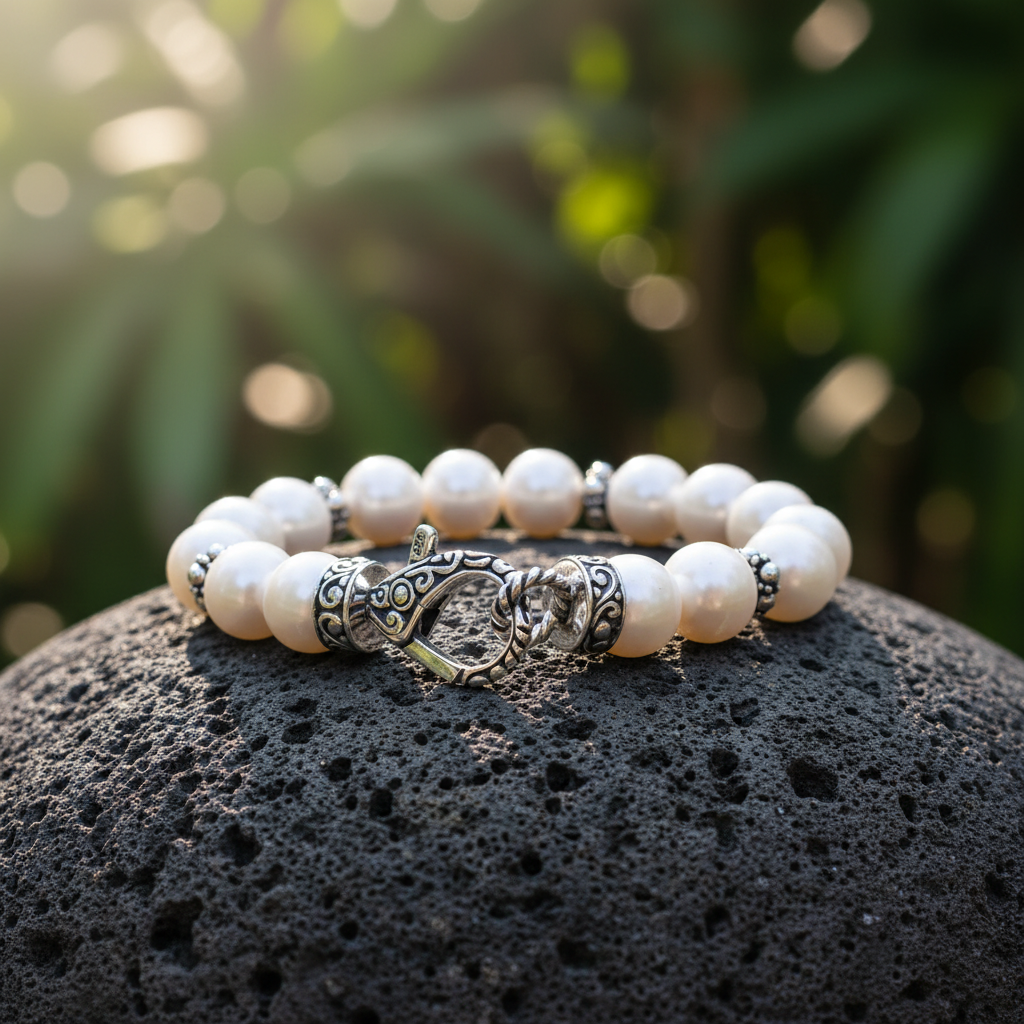 Bracciale Mutiara Balinesia su roccia lavica nera con sfondo giungla balinese illuminata, perle di acqua dolce bianco luminoso con separatori in argento 925 ossidato e chiusura lobster decorata, Collezione Oceano e Sabbia