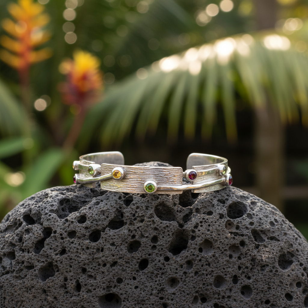 Bracciale Kulit Pohon Balinesia su pietra lavica vulcanica con sfondo tropicale – argento 925 con texture corteccia incisa e pietre naturali multicolori – Collezione Essenza di Ubud