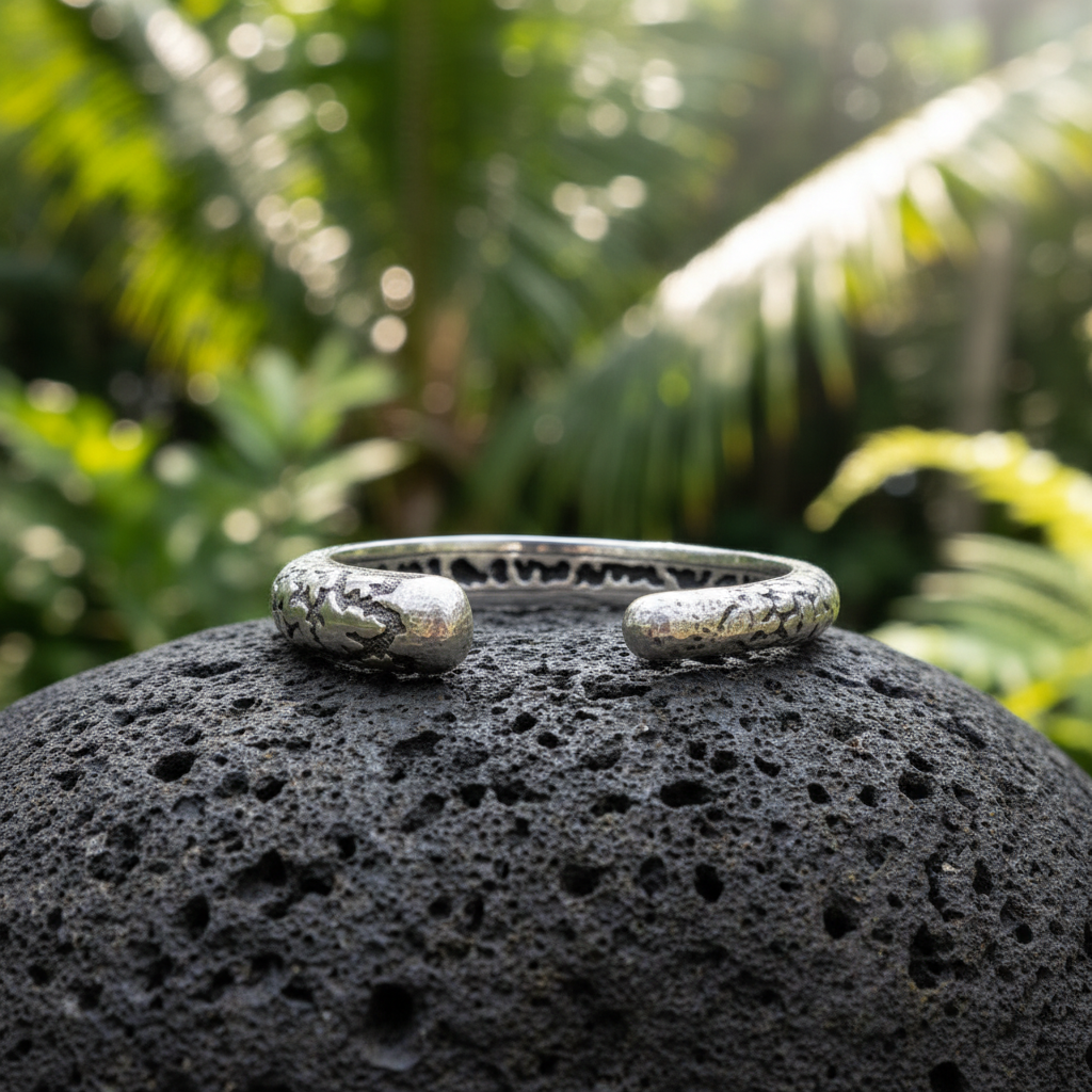 Bangle Lava Perak in argento 925 appoggiato su pietra lavica nera – ambientazione tropicale – Collezione Gunung Agung Balinesia