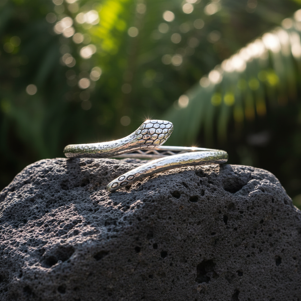 Bracciale serpente Black Mamba in argento 925 su pietra lavica – sfondo tropicale Bali – Collezione Black Mamba Balinesia