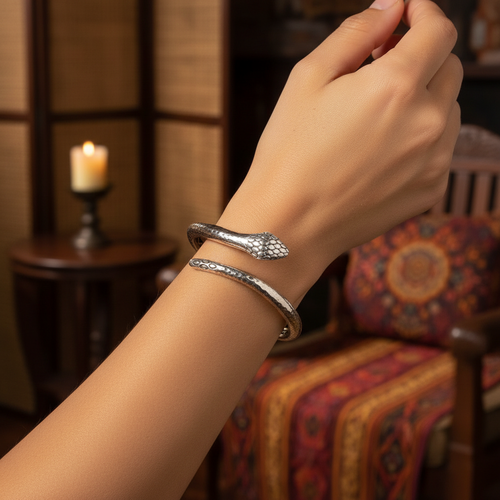 Bracciale serpente Black Mamba indossato al polso – argento 925 ossidato con smeraldi naturali – ambientazione etnica balinese – Balinesia