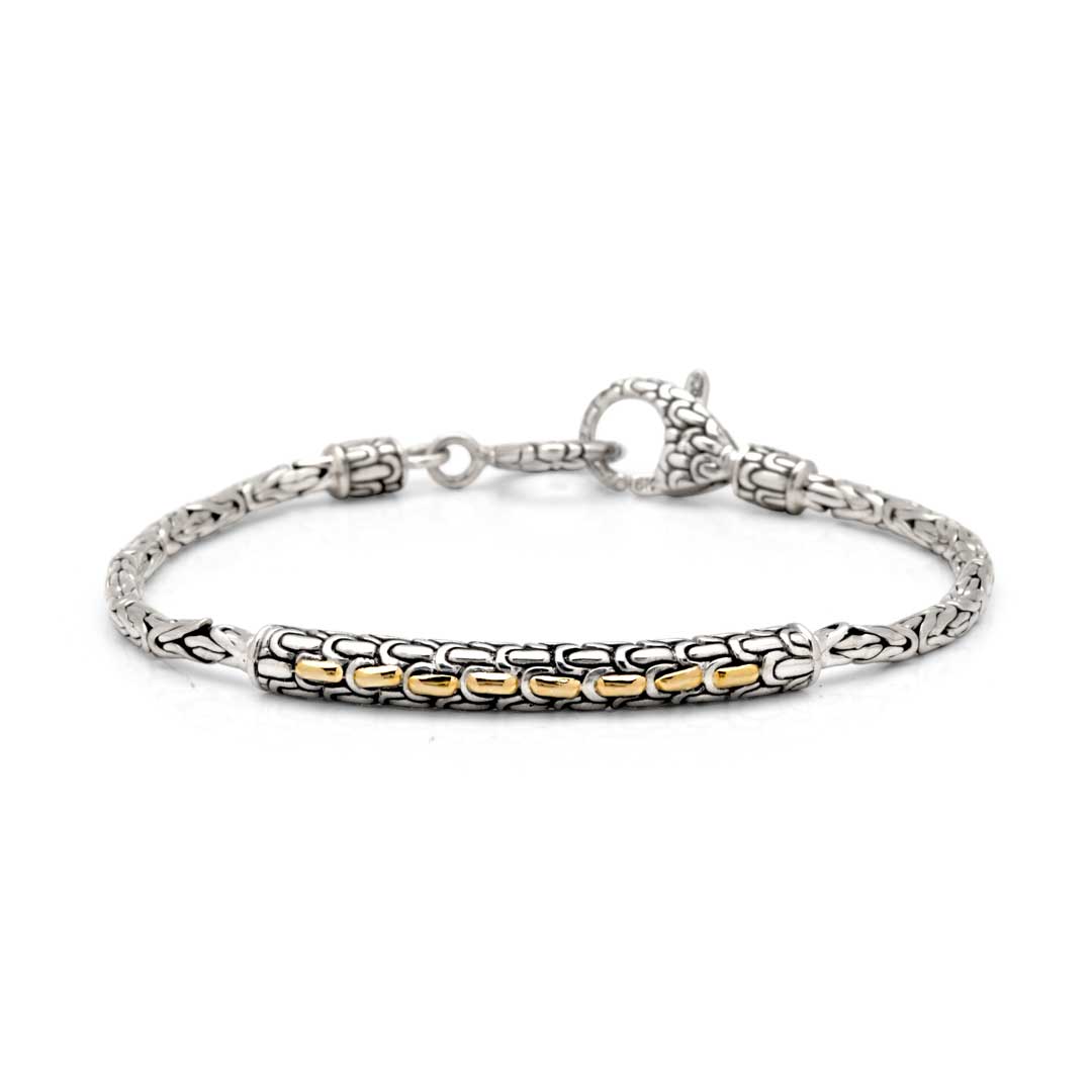 Bracciale Golden Naga Borobudur in argento 925 e oro 18K, catena Borobudur con barra Sisik Naga bicolore e chiusura a moschettone decorato – Balinesia