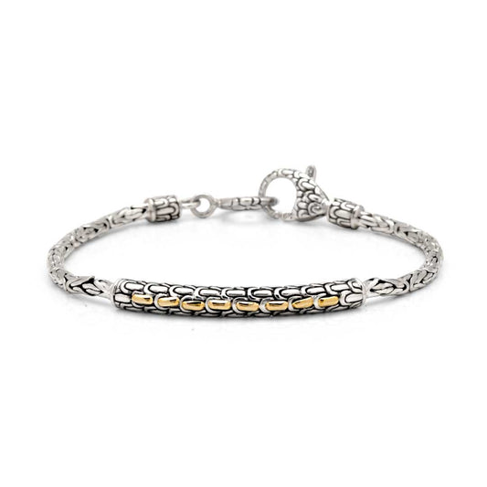 Bracciale Golden Naga Borobudur in argento 925 e oro 18K, catena Borobudur con barra Sisik Naga bicolore e chiusura a moschettone decorato – Balinesia