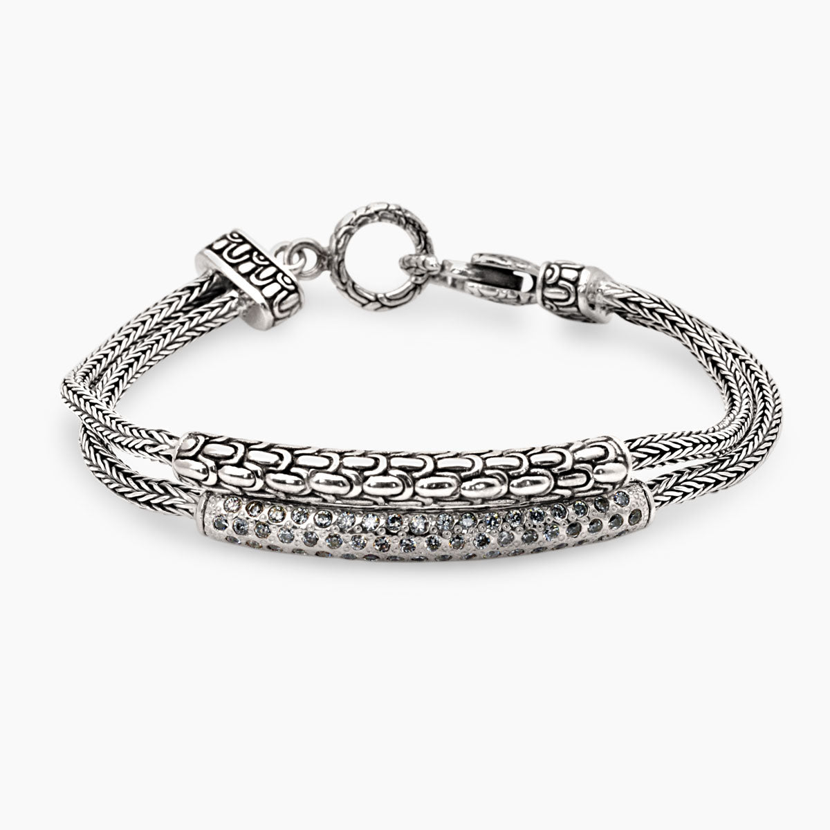 Bracciale Naga Topaz in argento 925, doppia catena Sisik Naga con barra Crocodile ossidato e pavé di topazi bianchi, chiusura a moschettone decorato – Balinesia
