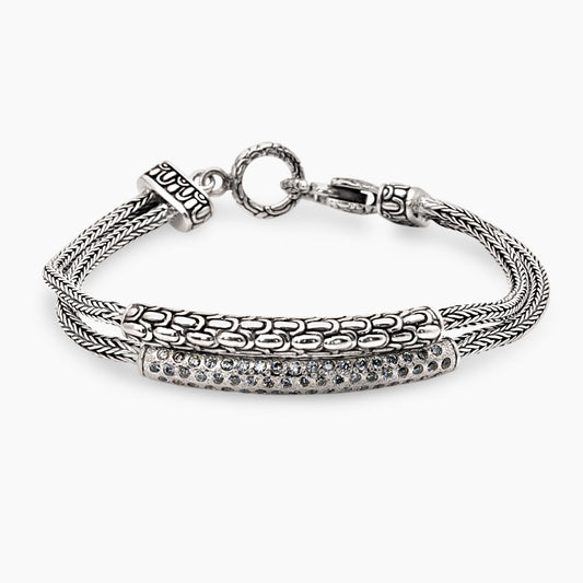 Bracciale Naga Topaz in argento 925, doppia catena Sisik Naga con barra Crocodile ossidato e pavé di topazi bianchi, chiusura a moschettone decorato – Balinesia