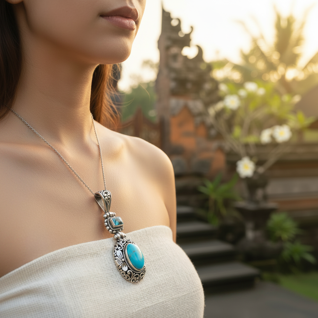 Ciondolo Langit Balinesia indossato su modella con abito bianco, sfondo tempio balinese al tramonto con turchesi azzurri in primo piano