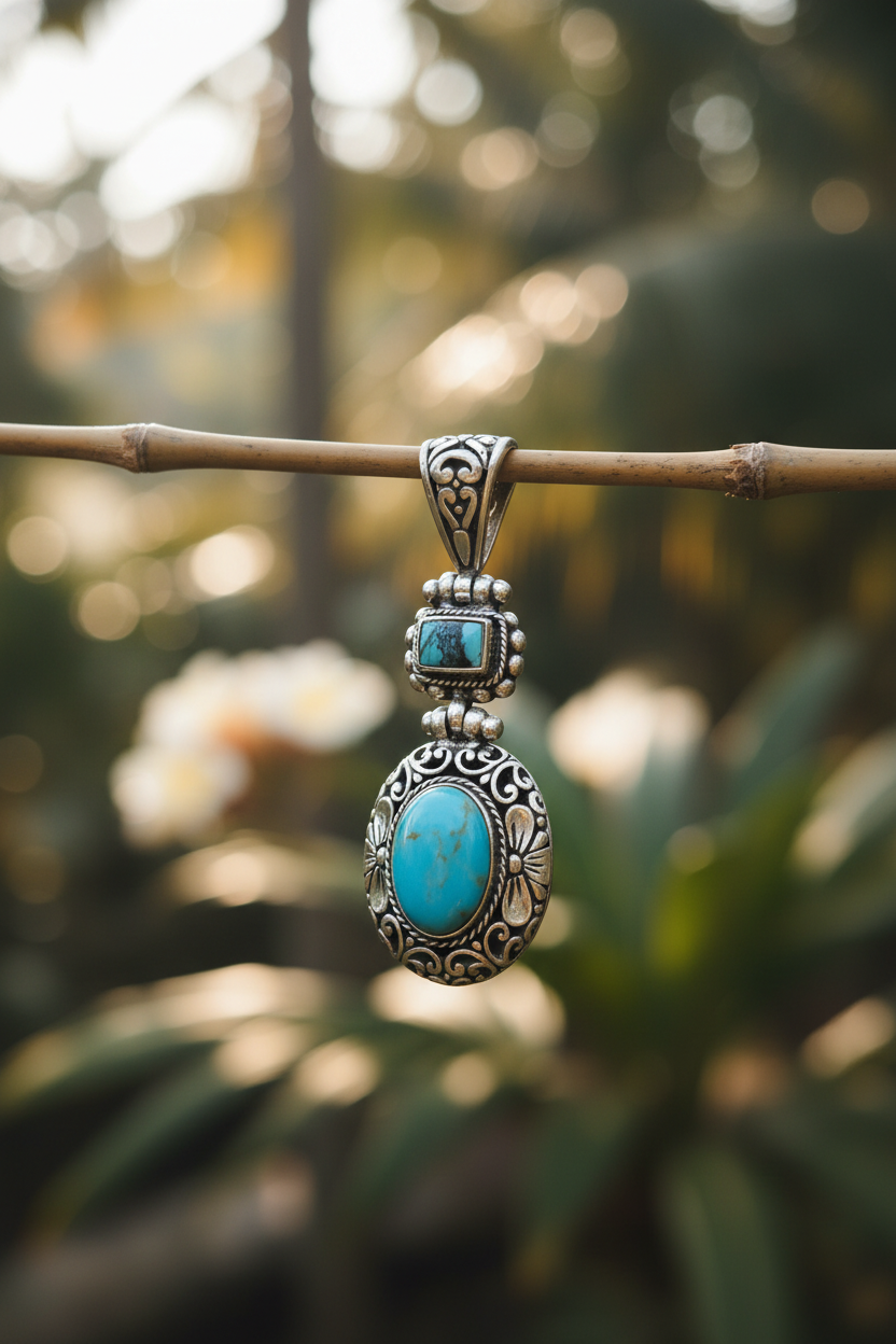 Ciondolo Langit Balinesia appeso a ramoscello di bambù con sfondo giungla tropicale bokeh, turchesi naturali e motivi floreali in argento 925 ossidato