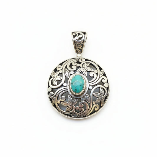 iondolo Mandala Turchese Balinesia, vista frontale, argento 925 ossidato traforato con turchese naturale a cabochon, Collezione Viaggio a Celuk