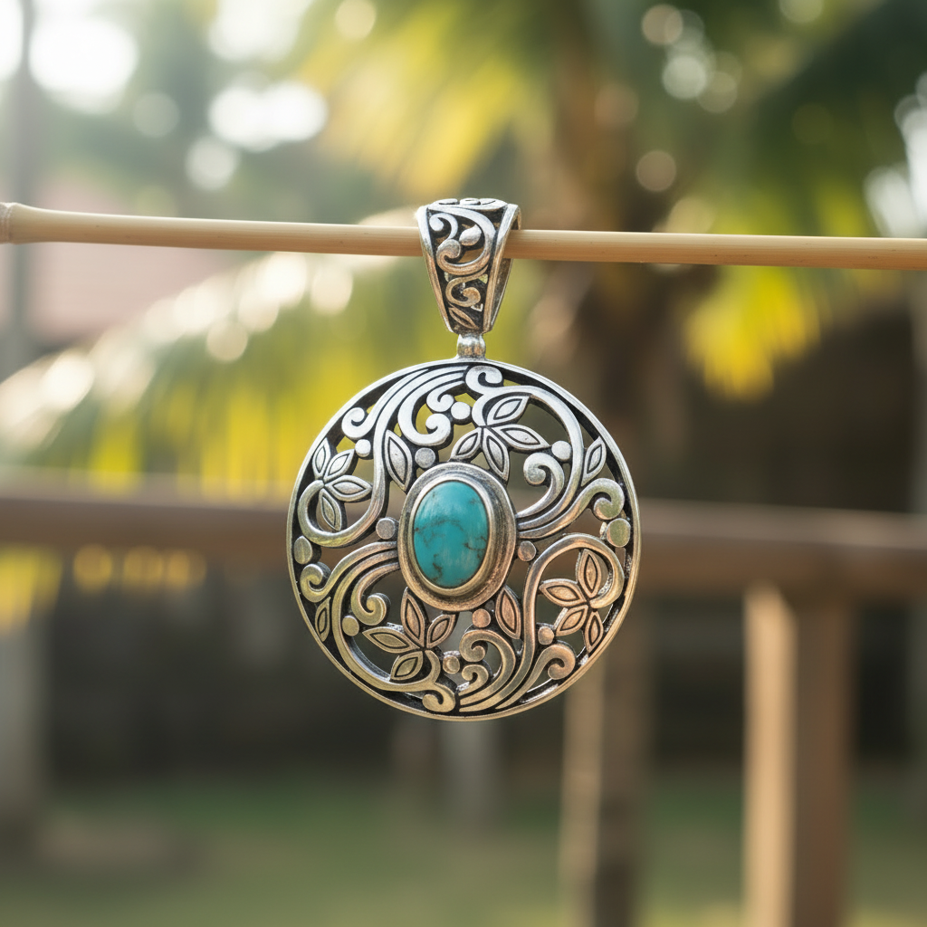 Ciondolo Mandala Turchese Balinesia, dettaglio lavorazione traforo in argento 925 ossidato con turchese naturale a cabochon ovale, ambiente balinese, Collezione Viaggio a Celuk