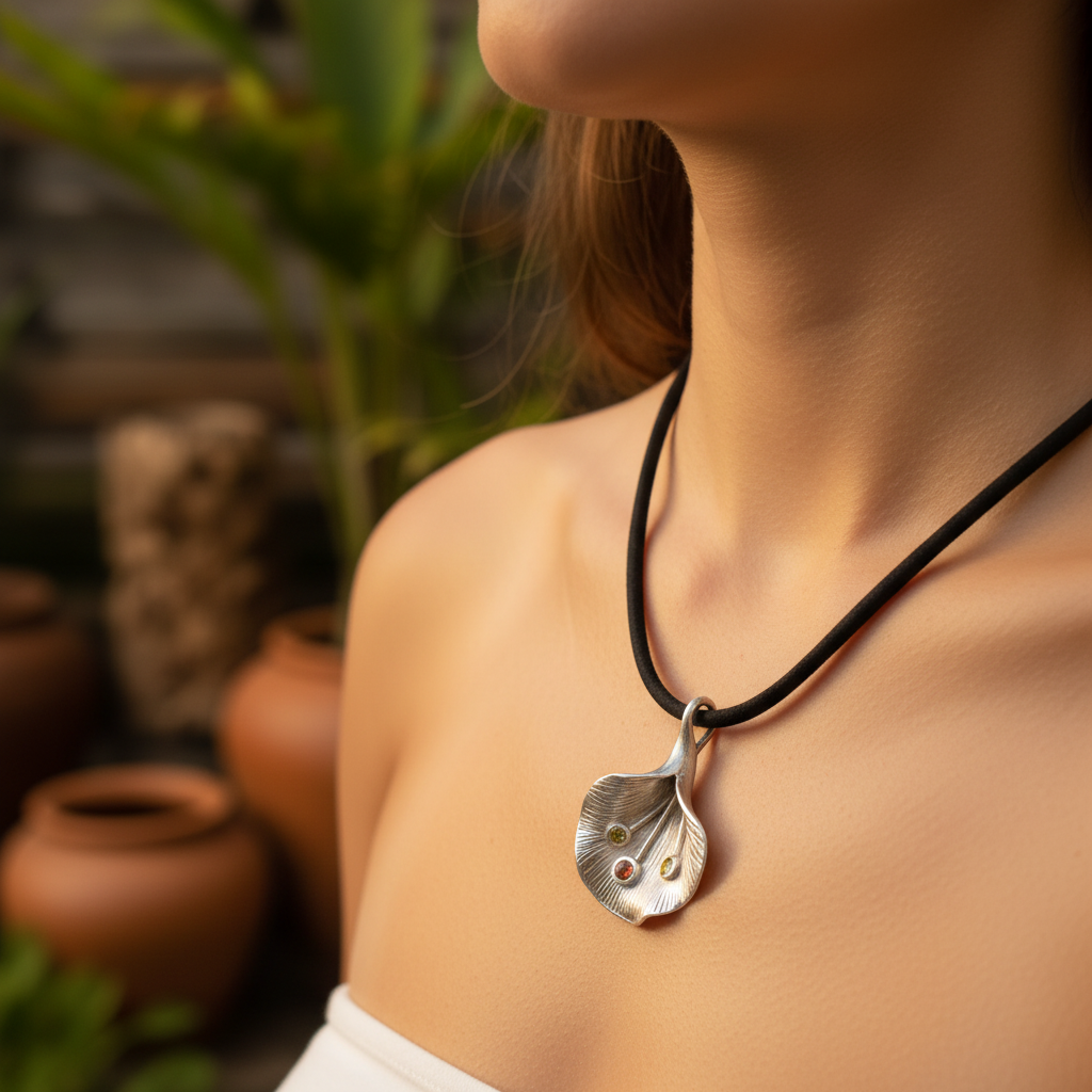 Ciondolo Fiore di Luce Balinesia indossato da modella con sfondo giardino balinese e vasi in terracotta, petalo in argento 925 ossidato con peridoto e granato su cordino nero, Collezione Essenza di Ubud