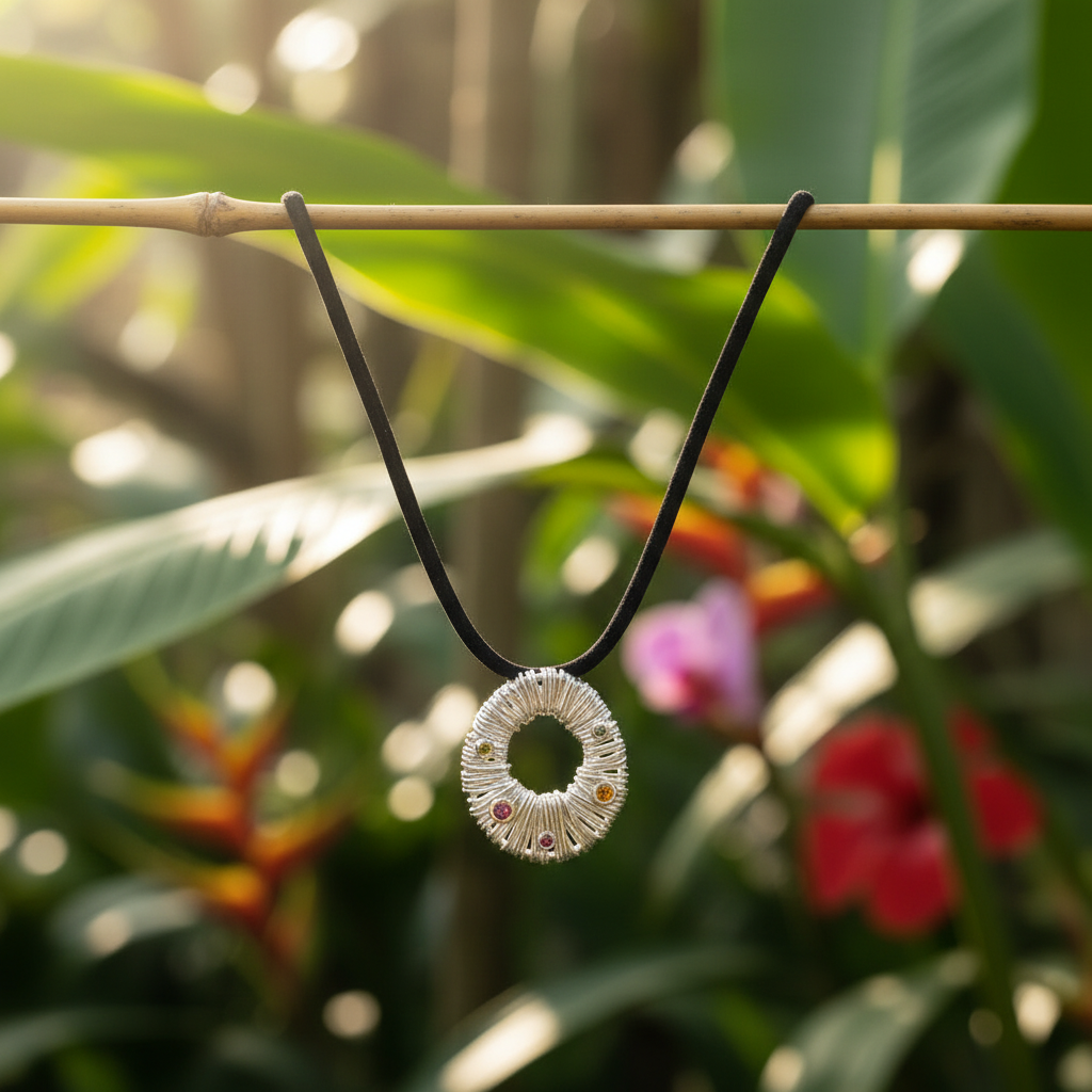 Ciondolo Surya Bali Balinesia appeso a canna di bambù con sfondo giardino tropicale balinese, ciondolo circolare in argento 925 con texture raggiante e tormaline arancio, rosa e rosse, Collezione Essenza di Ubud