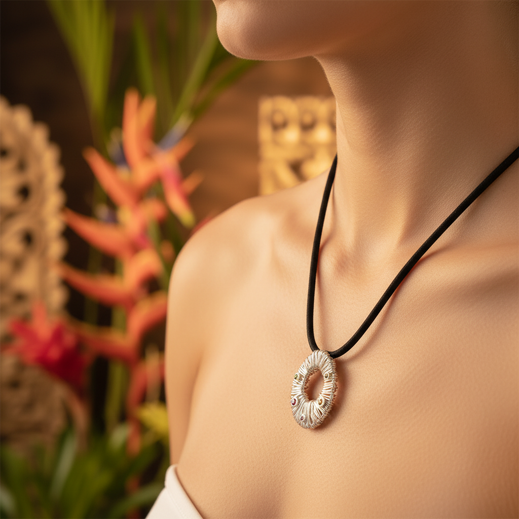 Ciondolo Surya Bali Balinesia appeso a canna di bambù con sfondo giardino tropicale balinese, ciondolo circolare in argento 925 con texture raggiante e tormaline arancio, rosa e rosse, Collezione Essenza di Ubud
