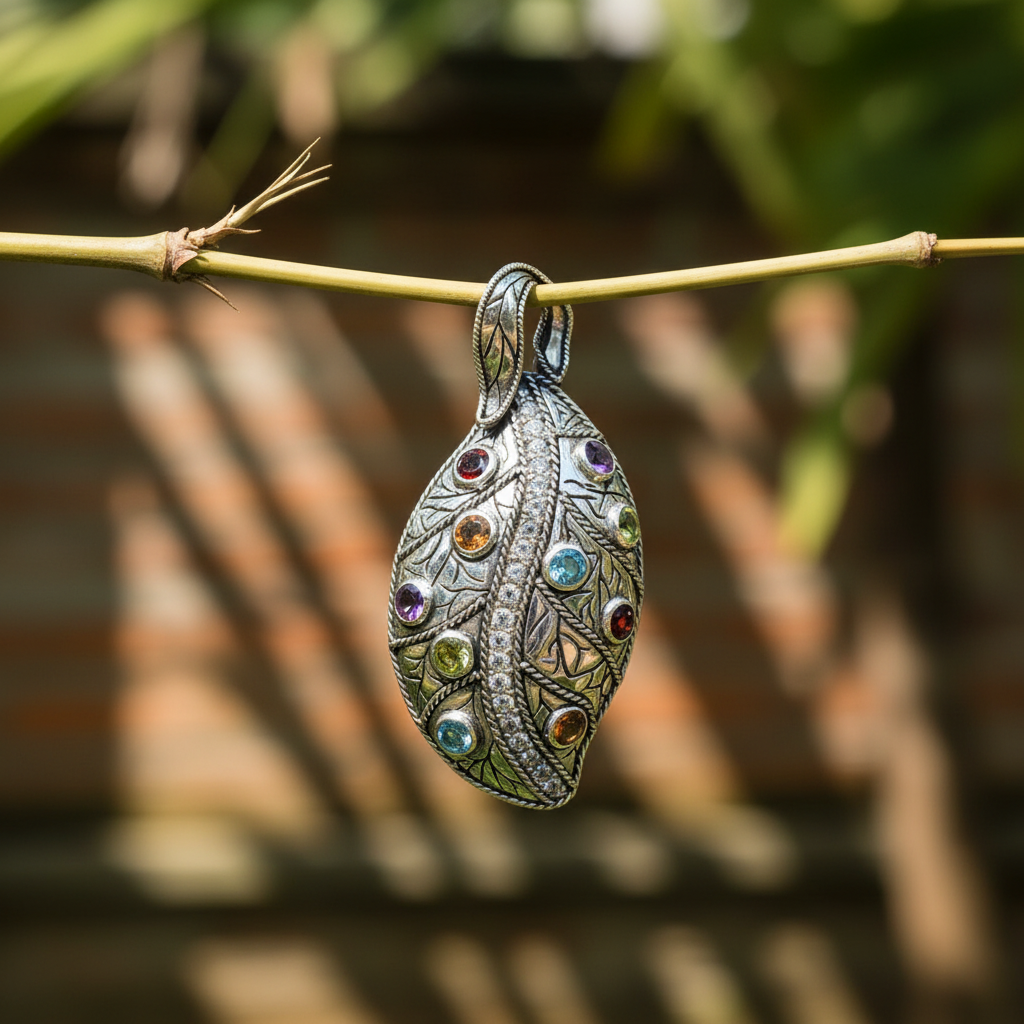 Ciondolo Daun Balinesia appeso a ramoscello di bambù con sfondo giardino balinese, gemme naturali multicolore su argento 925 ossidato