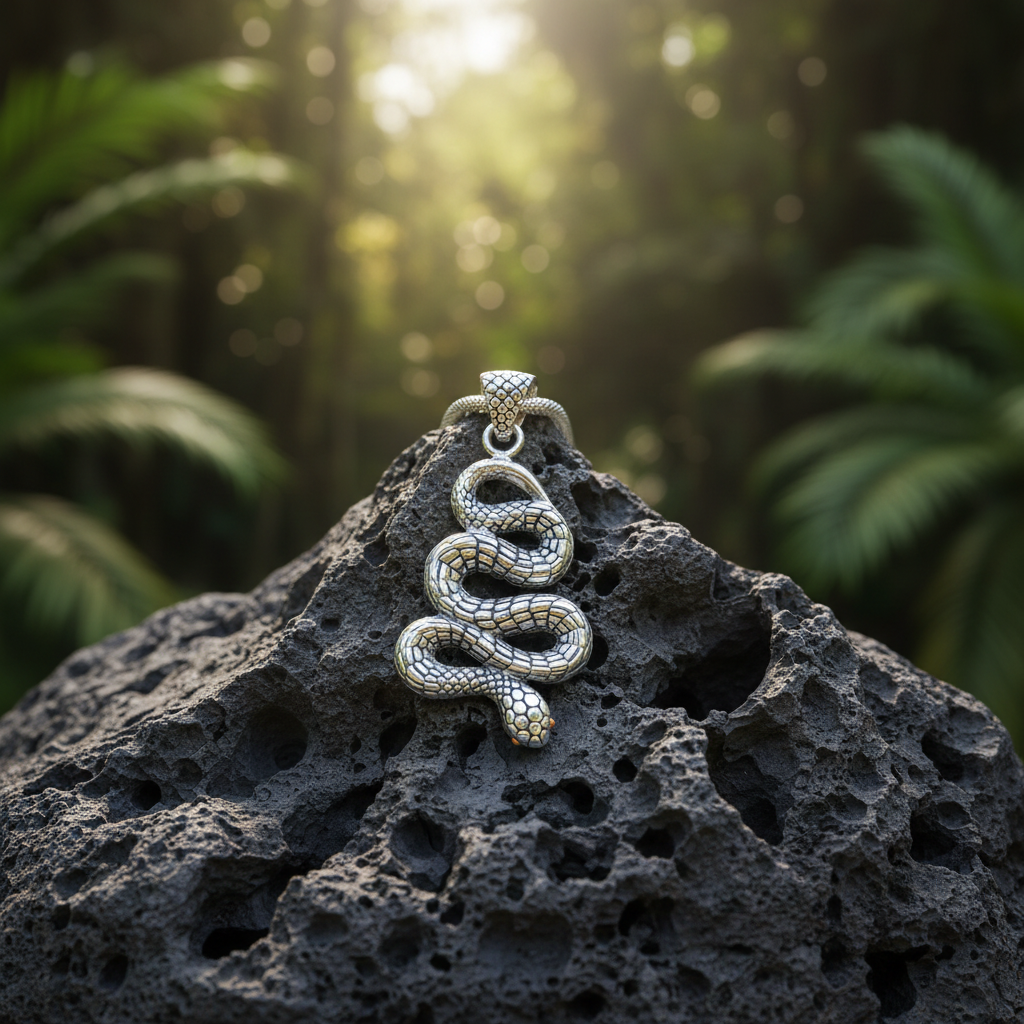 Ciondolo Ular Gold Eye Balinesia su roccia vulcanica nera con sfondo foresta tropicale e raggi di luce dorata, serpente avvolto in argento 925 ossidato con scaglie incise a mano