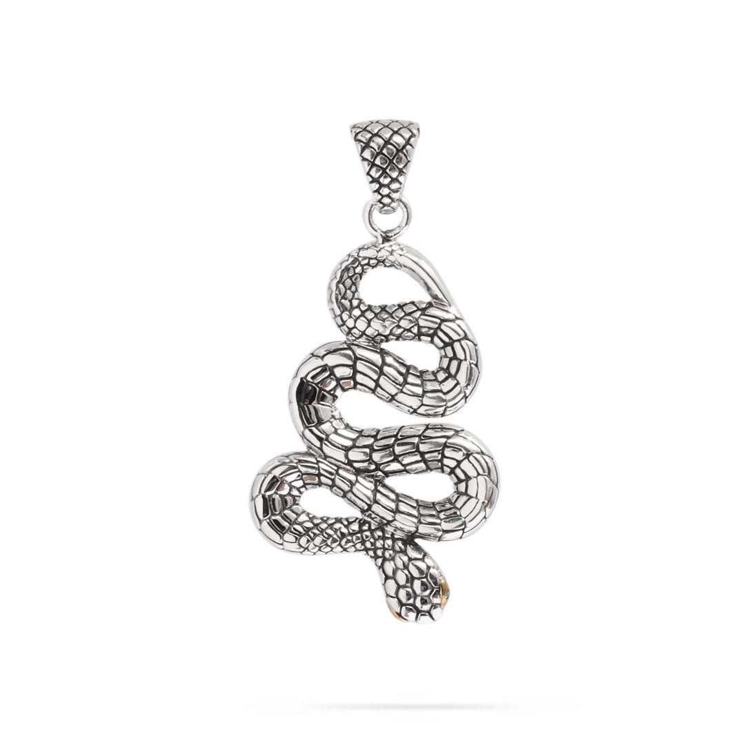 Ciondolo Ular Blue Topaz Balinesia, vista laterale su sfondo bianco con profilo tridimensionale del serpente in argento 925 ossidato, elemento in oro 18k sulla testa 