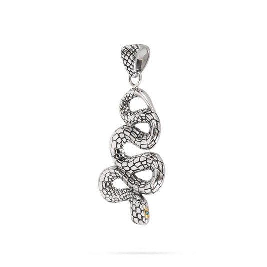 Ciondolo Ular Blue Topaz Balinesia, vista frontale su sfondo bianco con serpente avvolto in argento 925 ossidato, occhio con topazio blu cielo naturale e scaglie incise a mano