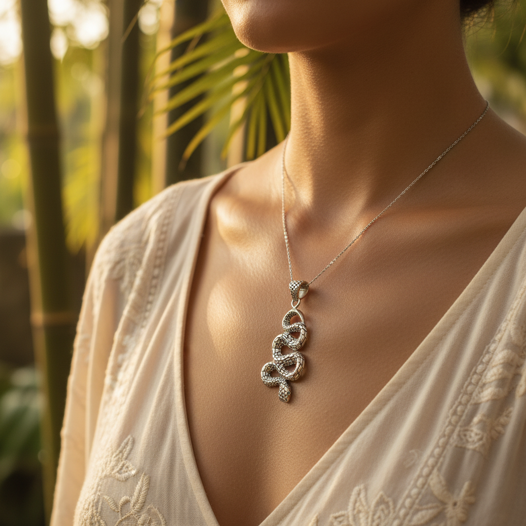 Ciondolo Ular Emerald Collezione Black Mamba Balinesia, indossato da donna con scollatura a V e abito bianco, sfondo bambù e palme con luce dorata, catena sottile in argento