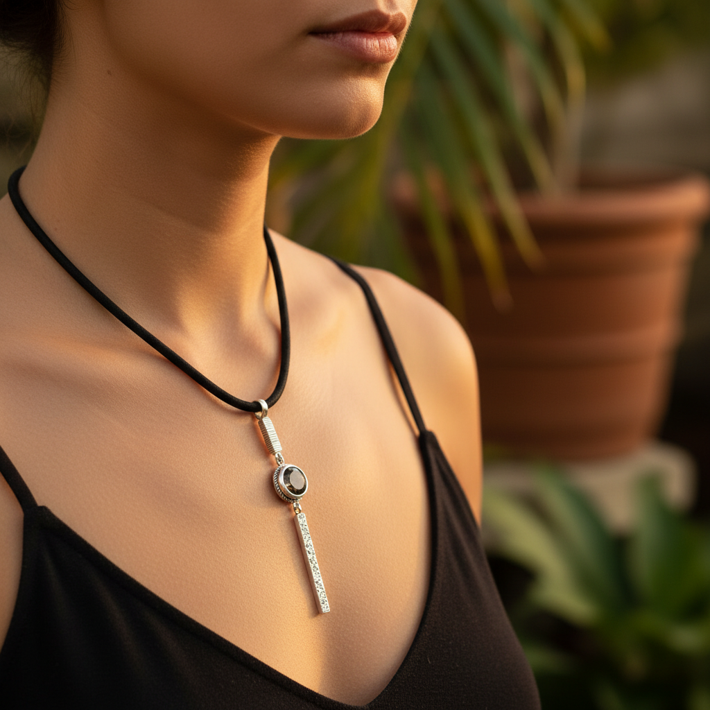 Collana Cawi Balinesia indossata da modella con top nero su sfondo giardino balinese al tramonto, ciondolo in argento 925 ossidato con quarzo fumé e barra rocciosa, Collezione Gunung Agung