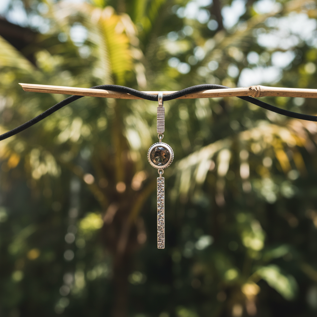Collana Cawi Balinesia appesa a canna di bambù con sfondo giungla tropicale balinese, ciondolo a tre elementi in argento 925 ossidato con quarzo fumé taglio rotondo e barra a texture vulcanica, Collezione Gunung Agung
