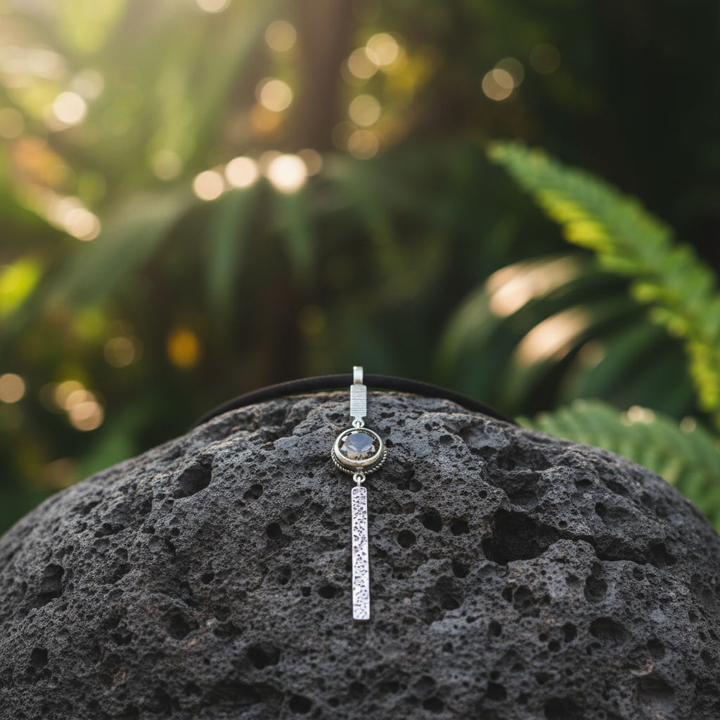Collana Cawi Balinesia su pietra vulcanica con sfondo giungla tropicale balinese, ciondolo a tre elementi in argento 925 ossidato con quarzo fumé taglio rotondo e barra a texture vulcanica, Collezione Gunung Agung