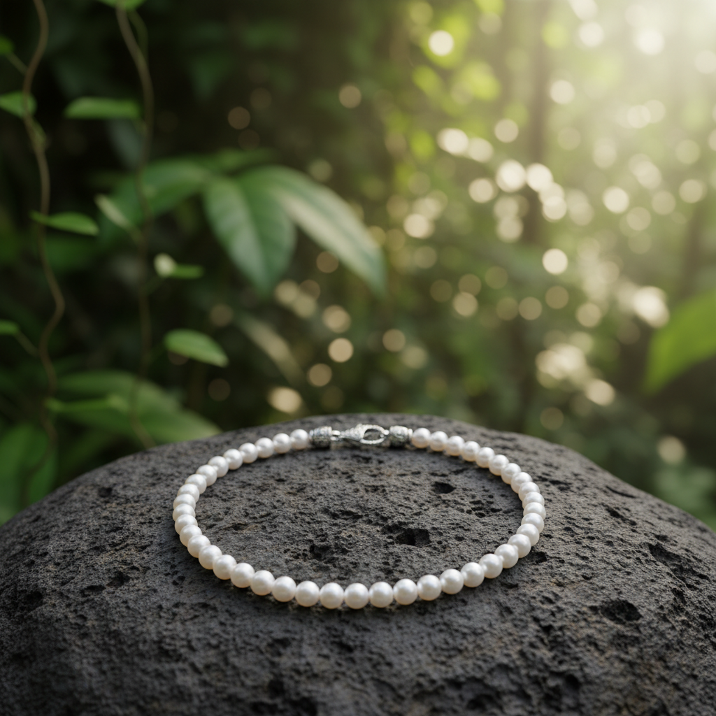 Collana perle legian appoggiata su pietra lavica