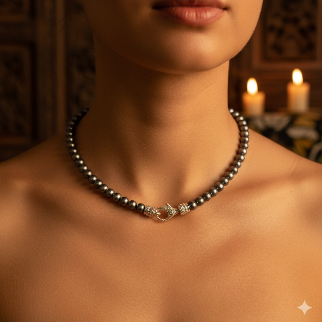 Collana Mutiara Kelabu perle grigio-blu Balinesia indossata su modella, vista girocollo con luce calda di candele e interno balinese in sfondo