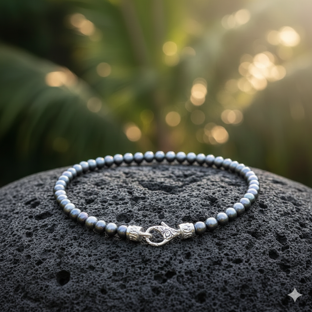 Collana Mutiara Kelabu perle d'acqua dolce Balinesia su pietra lavica, sfondo tropicale con luce dorata naturale