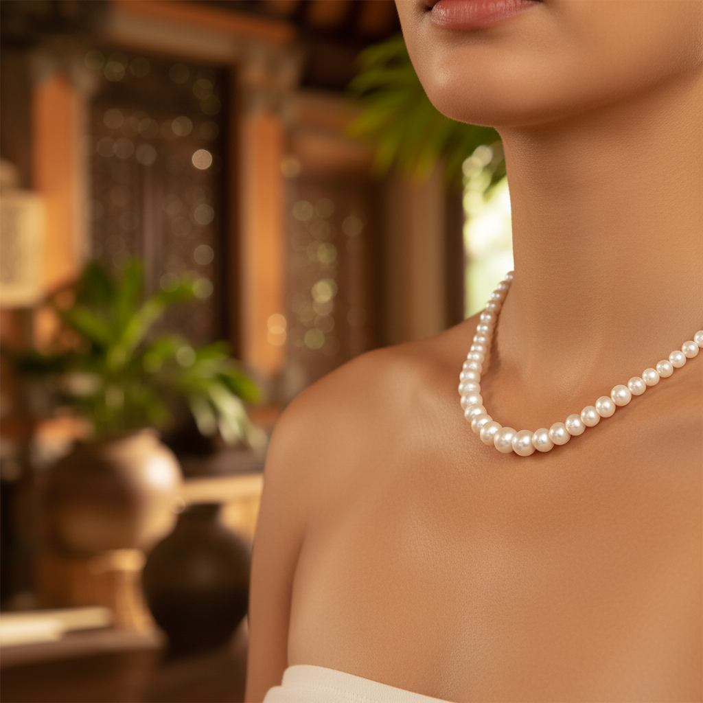 Collana Mutiara perle scalare Balinesia indossata su modella, vista décolleté con interno balinese in sfondo