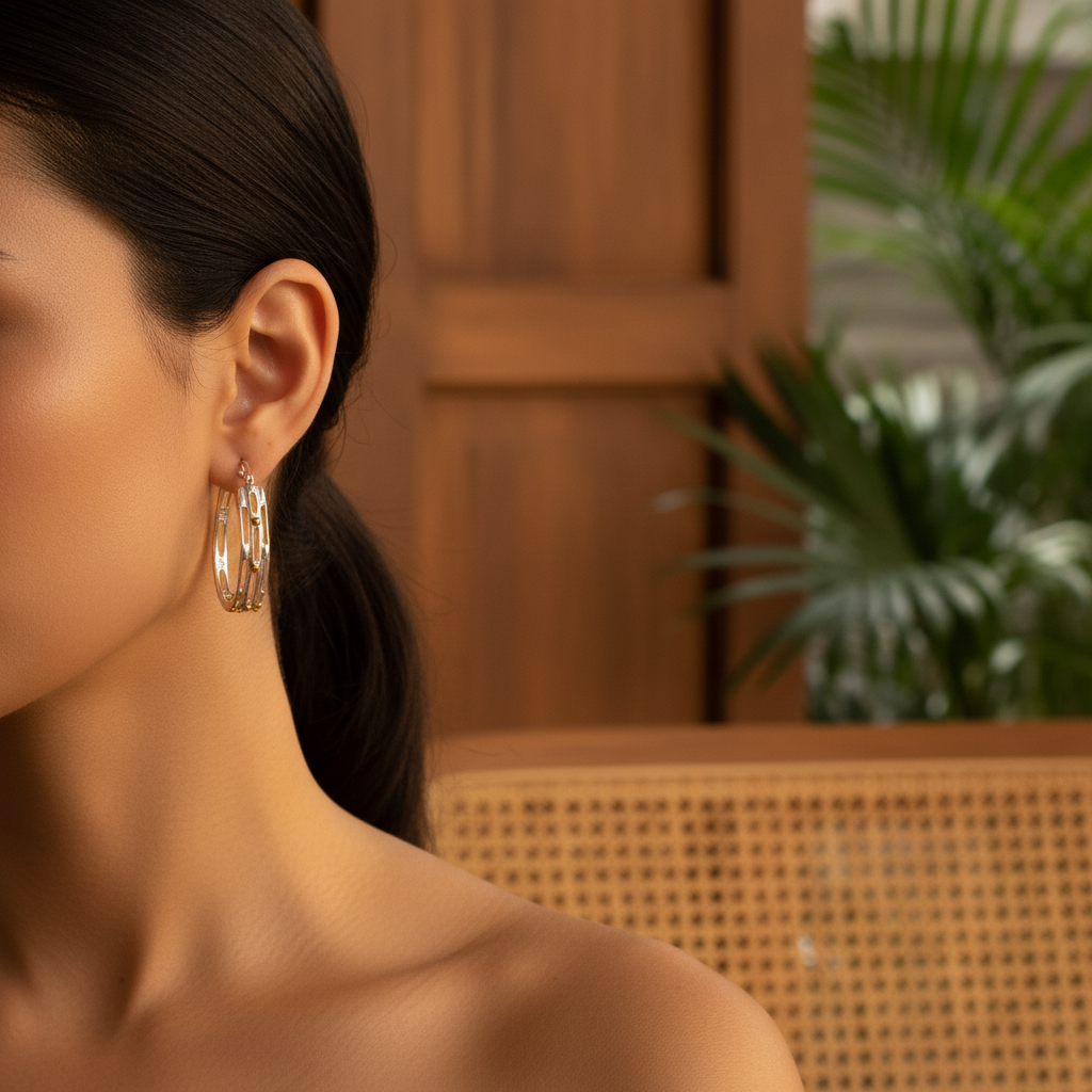 Orecchini Cerchio Bambù d'Argento indossati all'orecchio in un interno balinese, argento 925 con dettagli in oro 18K – Collezione Ubud Balinesia