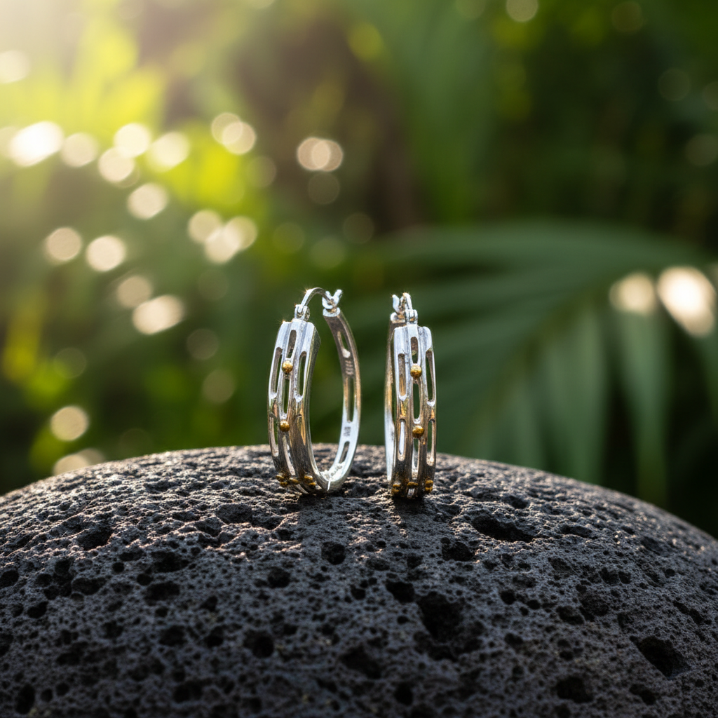 Coppia di Orecchini Cerchio Bambù d'Argento in argento 925 posata su pietra lavica balinese, struttura traforata con pallini in oro 18K in luce naturale – Collezione Ubud Balinesia