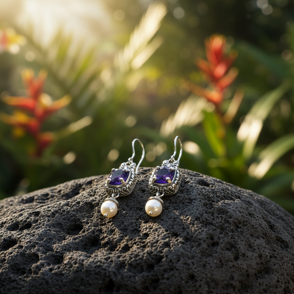 Orecchini Ametista e Perla Balinesia, vista dettaglio su sfondo neutro, castone balinese cesellato con volute floreali in argento 925, ametista cushion e perla naturale
