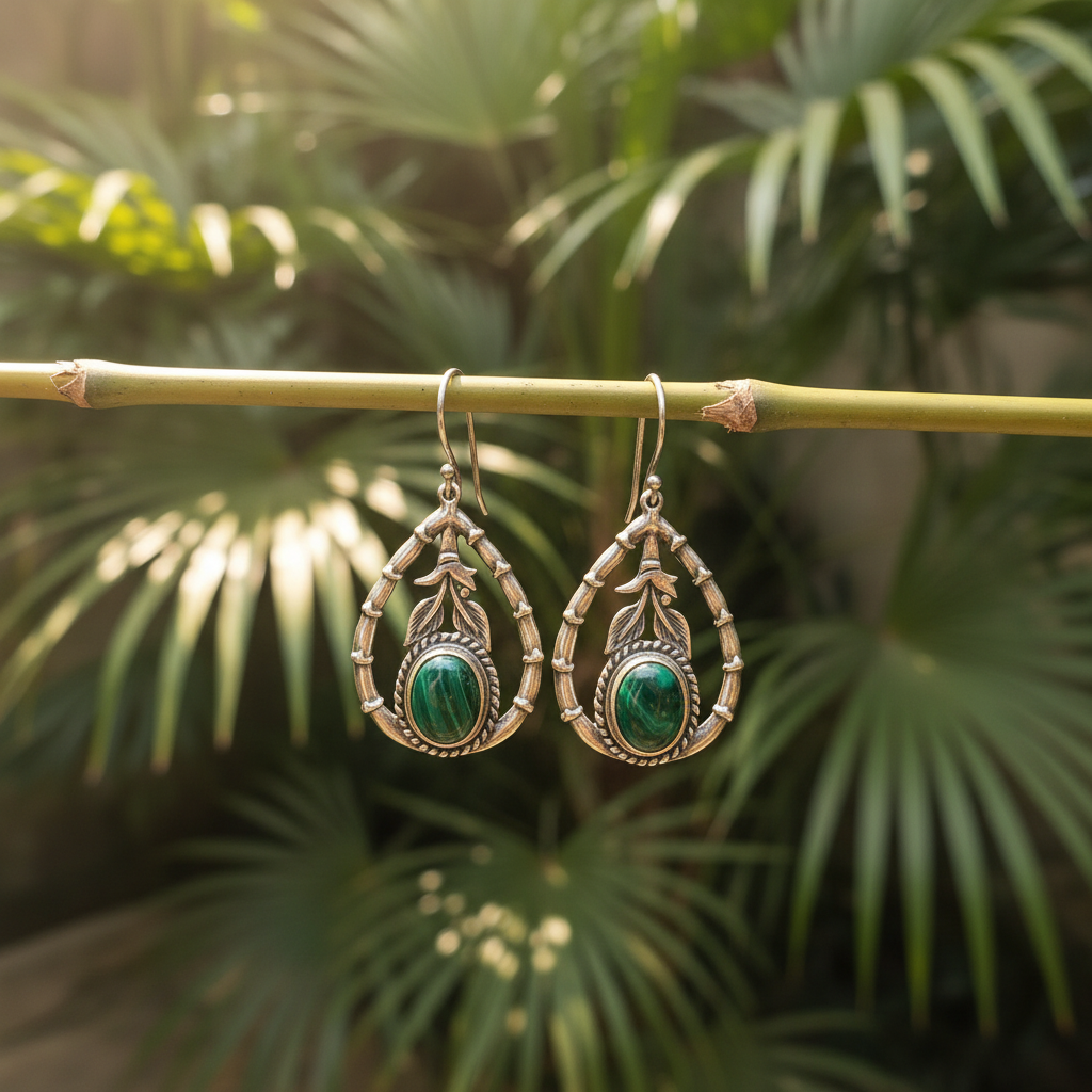Orecchino Bambù Goccia Malachite Balinesia indossato – argento 925 con malachite naturale verde, ambientazione balinese con intagli in legno e ibisco – Collezione Viaggio a Celuk