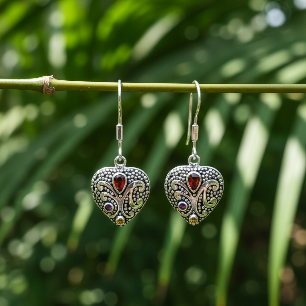 Orecchini Cinta Tiga Warna Balinesia appesi a bambù con sfondo tropicale – cuori in argento 925 con granulazione balinese e pietre naturali multicolori – Collezione Viaggio a Celuk