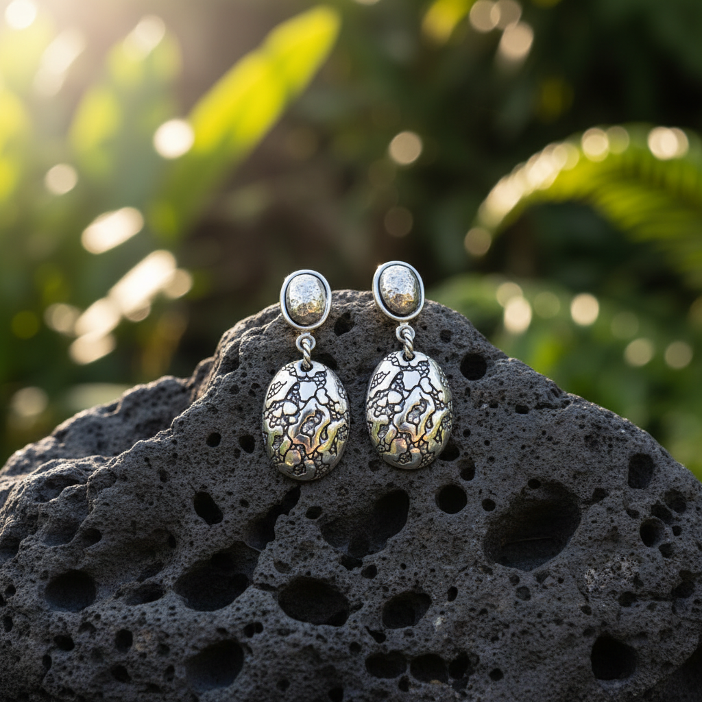Coppia orecchini Batu Agung in argento 925 su pietra lavica – sfondo foresta tropicale Bali – Collezione Gunung Agung Balinesia