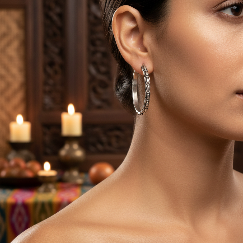 Orecchini Naga Perak indossati al lobo – argento 925 ossidato con texture Sisik Naga – ambientazione balinese con candele – Balinesia