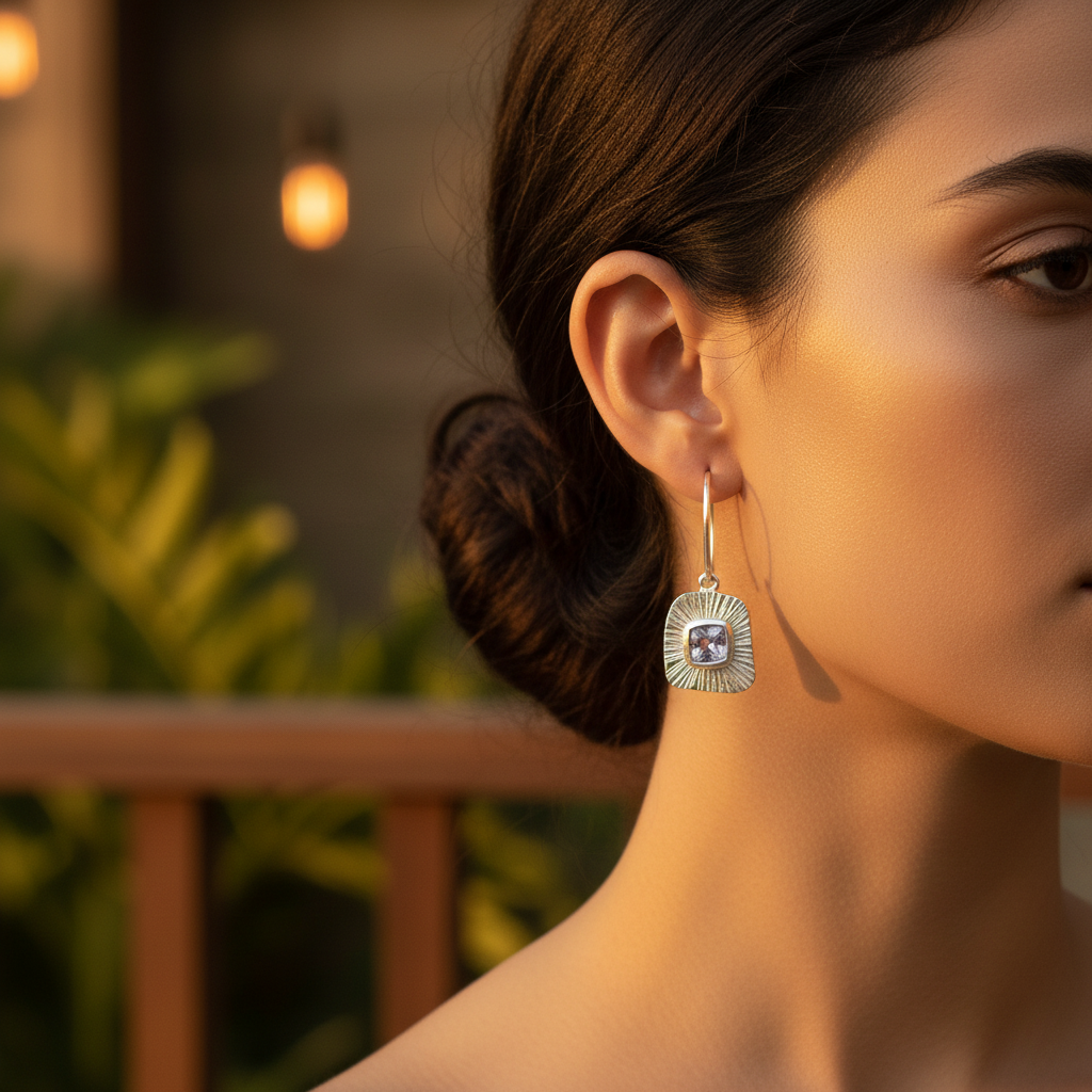 Orecchini Bulan Balinesia indossati da modella con sfondo interno balinese e luce dorata, pendente in argento 925 con ametista naturale taglio cuscino e texture a raggi solari, Collezione Essenza di Ubud