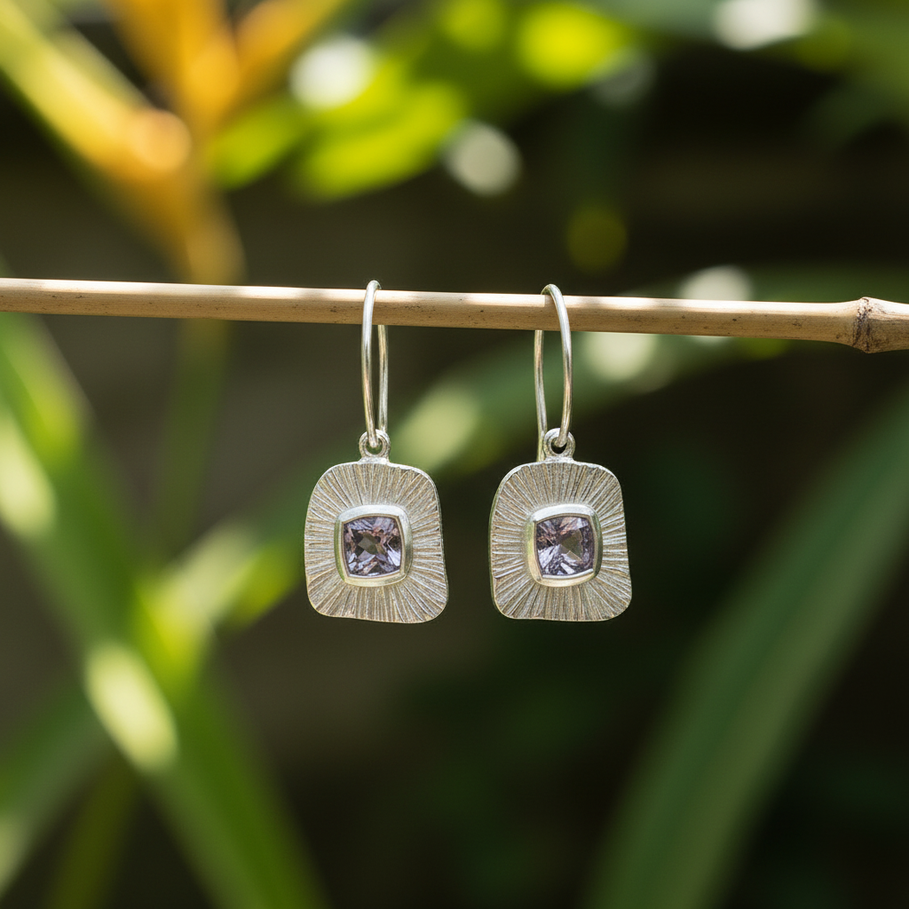 Orecchini Bulan Balinesia appesi a ramo di bambù con sfondo giardino tropicale balinese, coppia di pendenti in argento 925 con texture a raggi solari e ametista viola naturale taglio cuscino