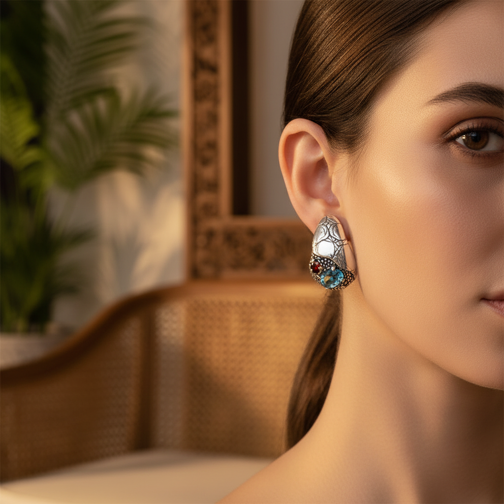 Orecchini Goccia Sinar Clip indossati all'orecchio in un interno balinese, argento 925 ossidato con texture Crocodile, topazio azzurro e granato rosso – Balinesia