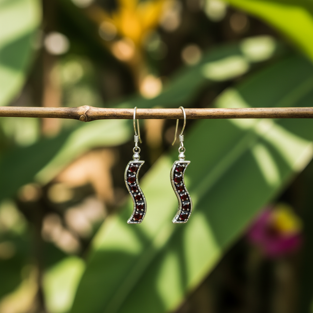 Coppia di Orecchini Buaya Merah appesi a un ramo di bambù in un giardino tropicale balinese, argento 925 ossidato con forma a S e granati naturali rossi – Balinesia