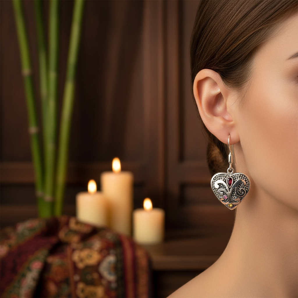 Orecchini Cinta Tiga Warna Small indossati al lobo – argento 925 con granato e pietre multicolore – ambientazione balinese Balinesia