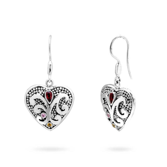 Orecchini cuore argento 925 con granato, quarzo rosa e citrino – vista frontale coppia – Cinta Tiga Warna Balinesia