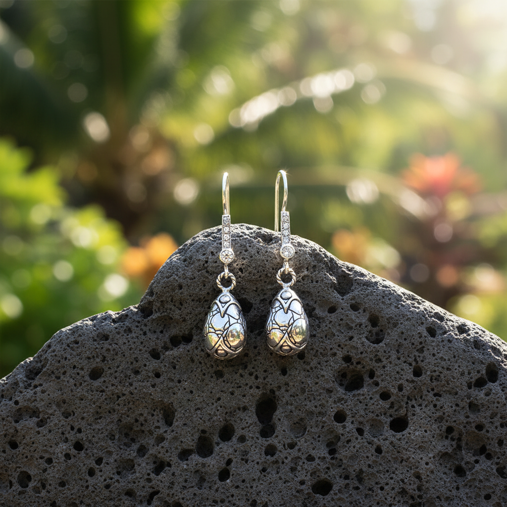 Coppia orecchini Goccia Coccodrillo su pietra lavica – argento 925 e topazio bianco – sfondo tropicale Bali – Balinesia