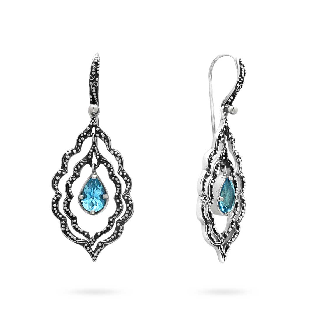 Orecchini Mandala Topazio Azzurro in argento 925 – coppia vista frontale e posteriore – Collezione Essenza di Ubud Balinesia