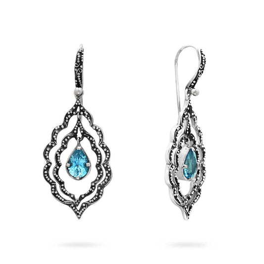 Orecchini Mandala Topazio Azzurro in argento 925 – coppia vista frontale e posteriore – Collezione Essenza di Ubud Balinesia