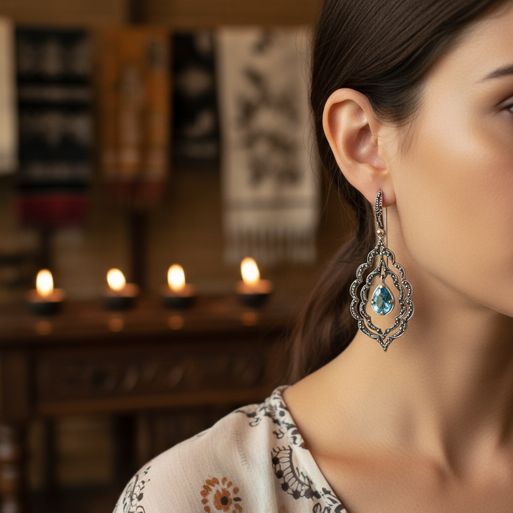 Orecchini Mandala Topazio Azzurro indossati al lobo – argento 925 e topazio cielo – ambientazione balinese con candele – Balinesia