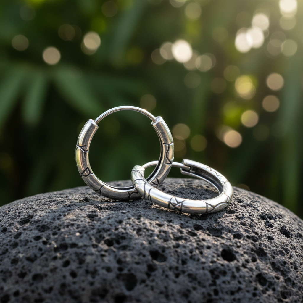 Orecchini Reptile Balinesia su roccia lavica con sfondo di bambù tropicale – cerchi in argento 925 ossidato con incisioni geometriche a reticolo ispirate alla pelle di coccodrillo – Collezione Crocodile